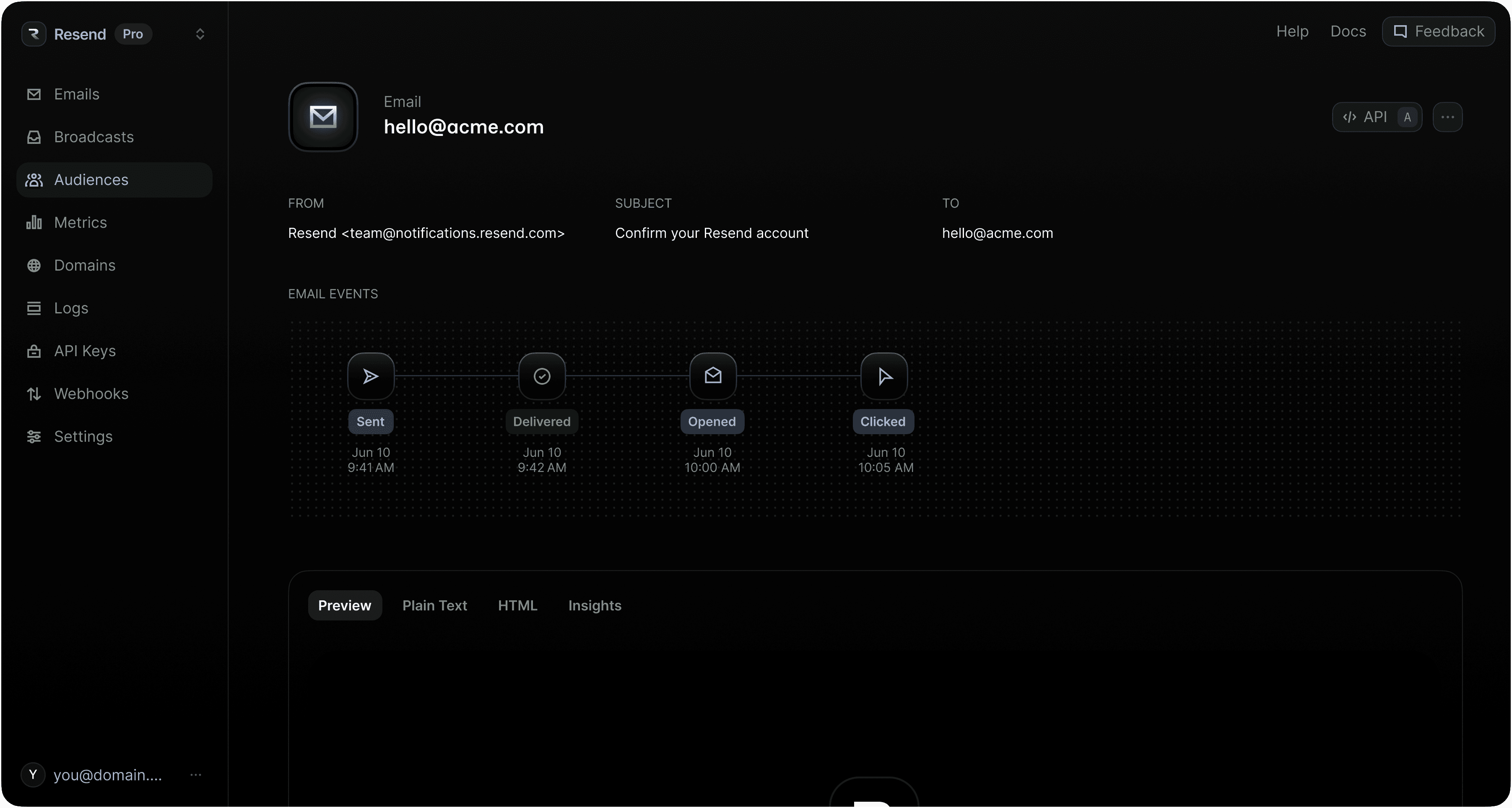 Resend Dashboard - Email Events